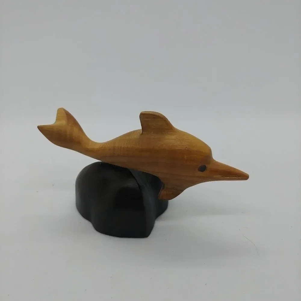 Hand carved Wooden Mini Dolphin Figurine on Base - Picture 2 of 5